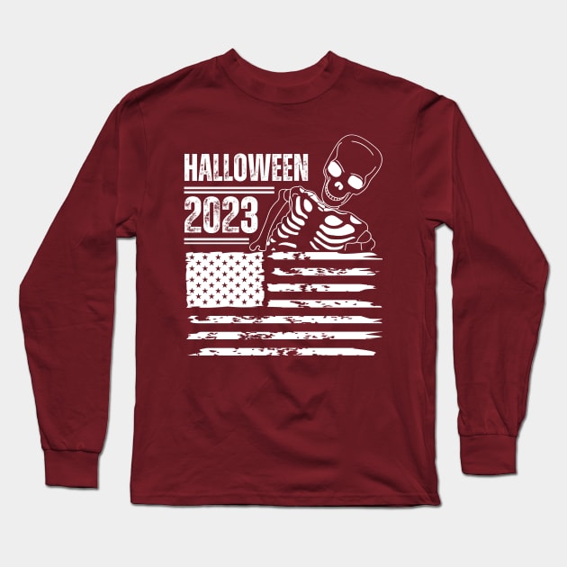 Halloween 2023, Skeleton With Flag Long Sleeve T-Shirt by Teesquares